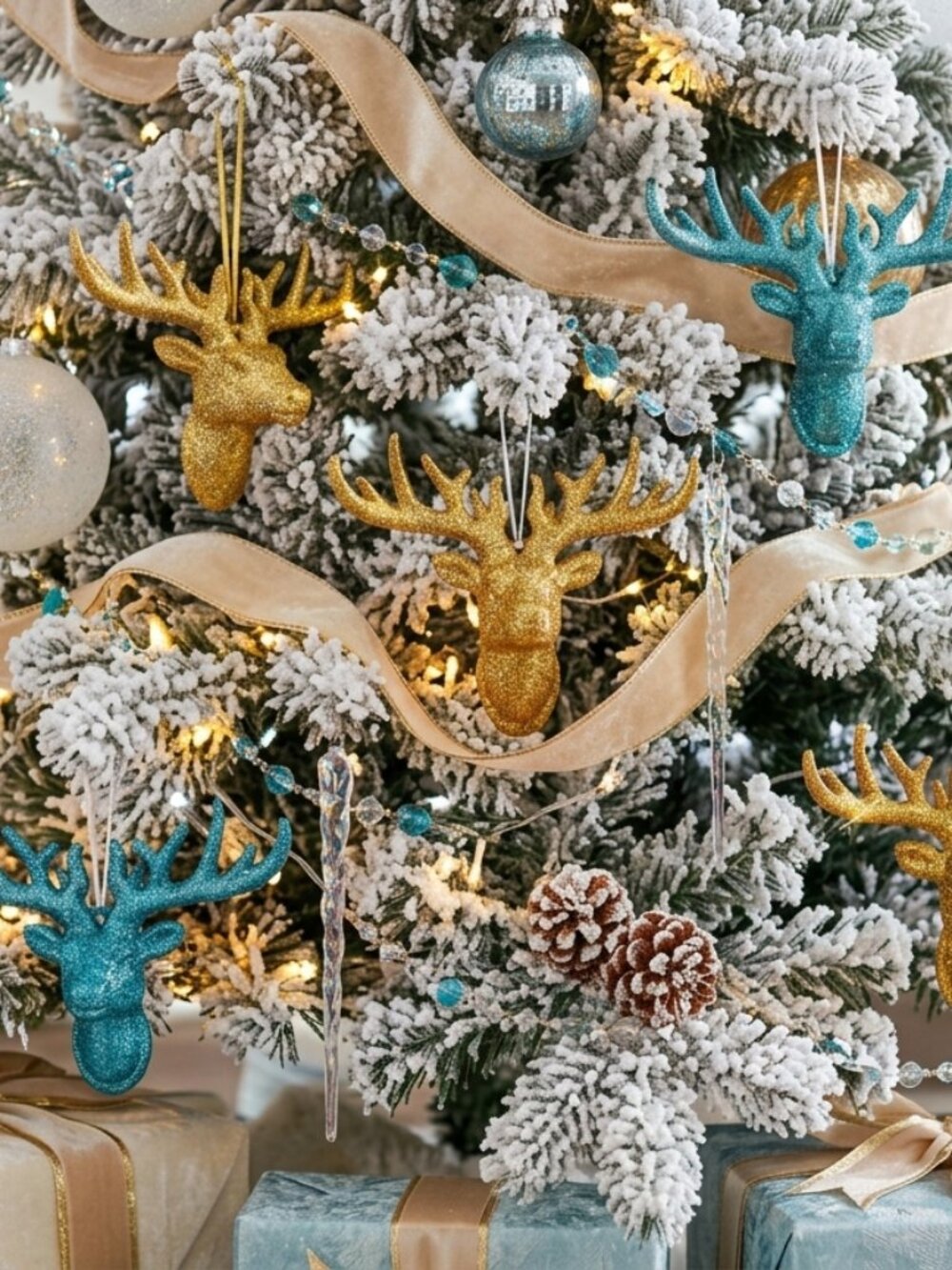 Set of 4 Glitter Stag Reindeer Head Christmas Ornaments Gold & Blue 6"